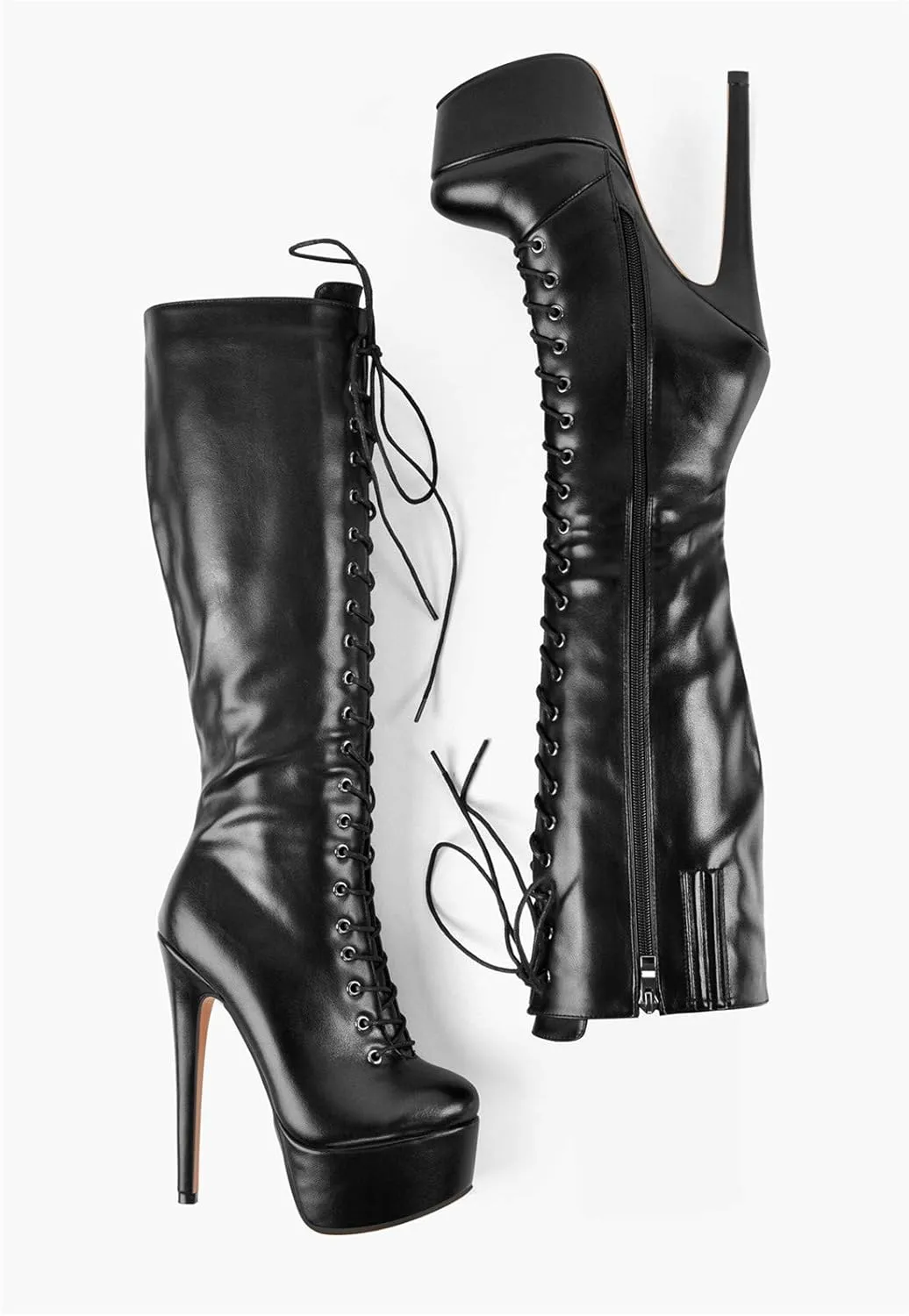 richealnini Lace Up Platform Knee High Boots for Women Side Zipper Wide Calf Boots