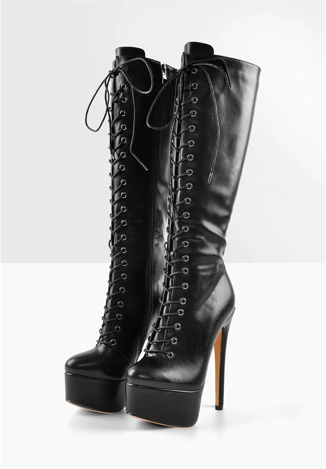richealnini Lace Up Platform Knee High Boots for Women Side Zipper Wide Calf Boots