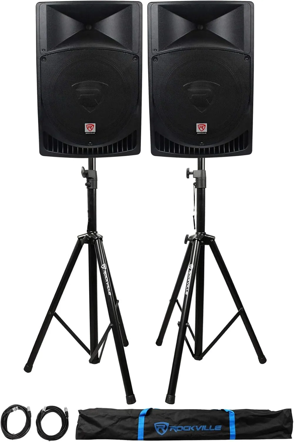Rockville Pair RPG15 15" 2000w Powered PA/DJ Speakers   2 Stands   2 Cables Bag