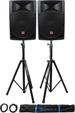 Rockville Pair RPG15 15" 2000w Powered PA/DJ Speakers   2 Stands   2 Cables Bag
