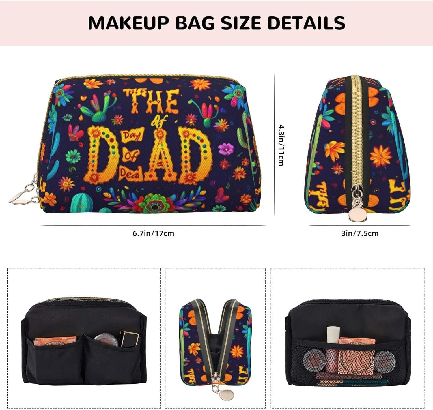 Rose And Skull Toiletry Pouch, Travel-Friendly Makeup Organizer For Makeup Brushes, Lipsticks