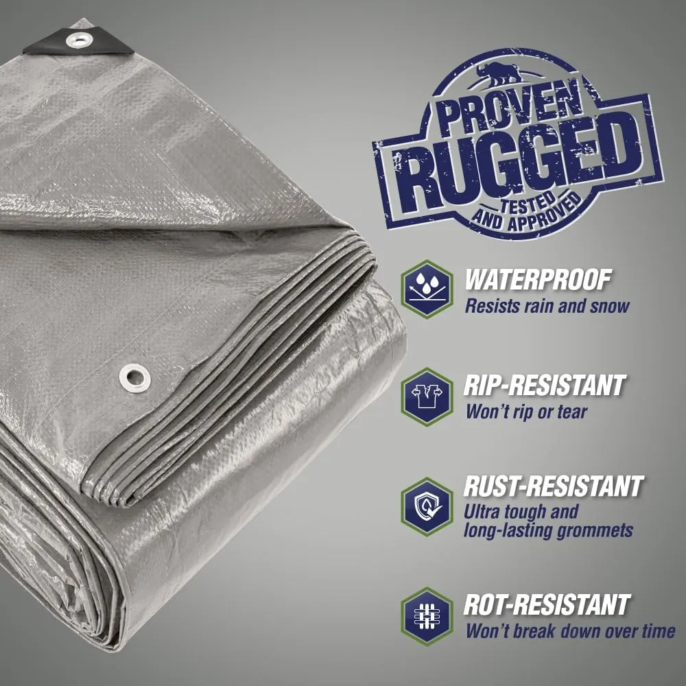 Rugged Rhino All Weather 100% Waterproof Heavy Duty Tarp, 5 Mil UV Temperature Resistant Tarps, High Durability Multipurpose Cover, for Home Outdoor Patio Winter Leaf Camping, 9x12 1 Pack Silver