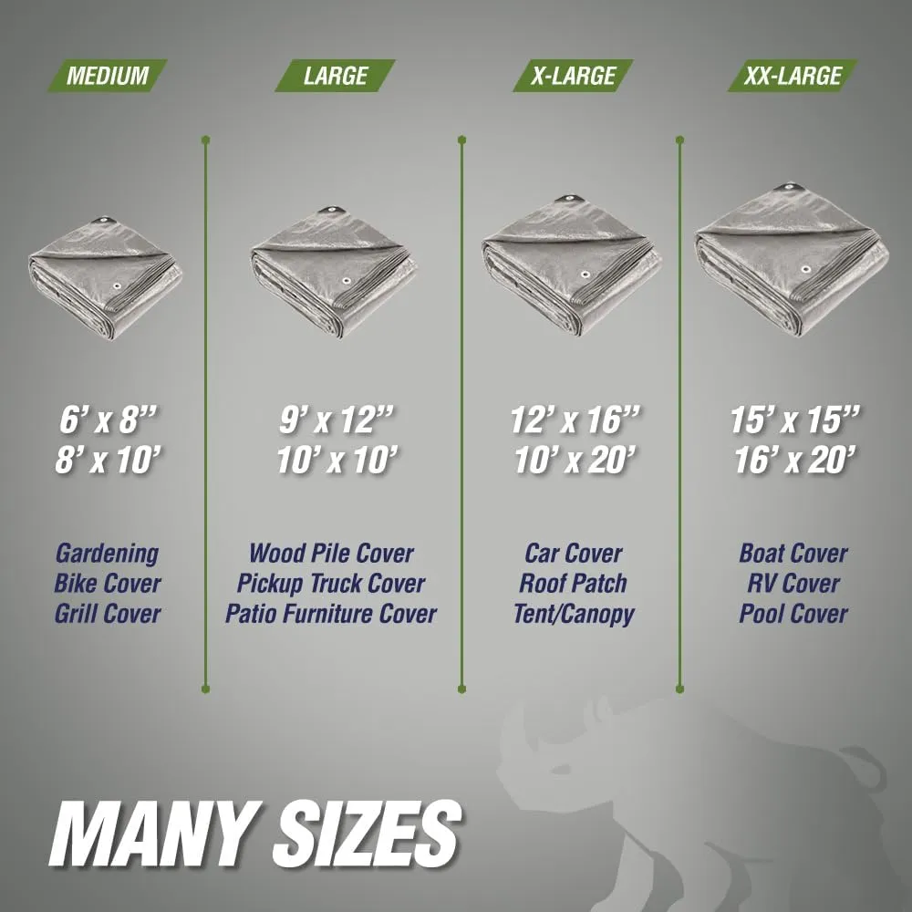 Rugged Rhino All Weather 100% Waterproof Heavy Duty Tarp, 5 Mil UV Temperature Resistant Tarps, High Durability Multipurpose Cover, for Home Outdoor Patio Winter Leaf Camping, 9x12 1 Pack Silver