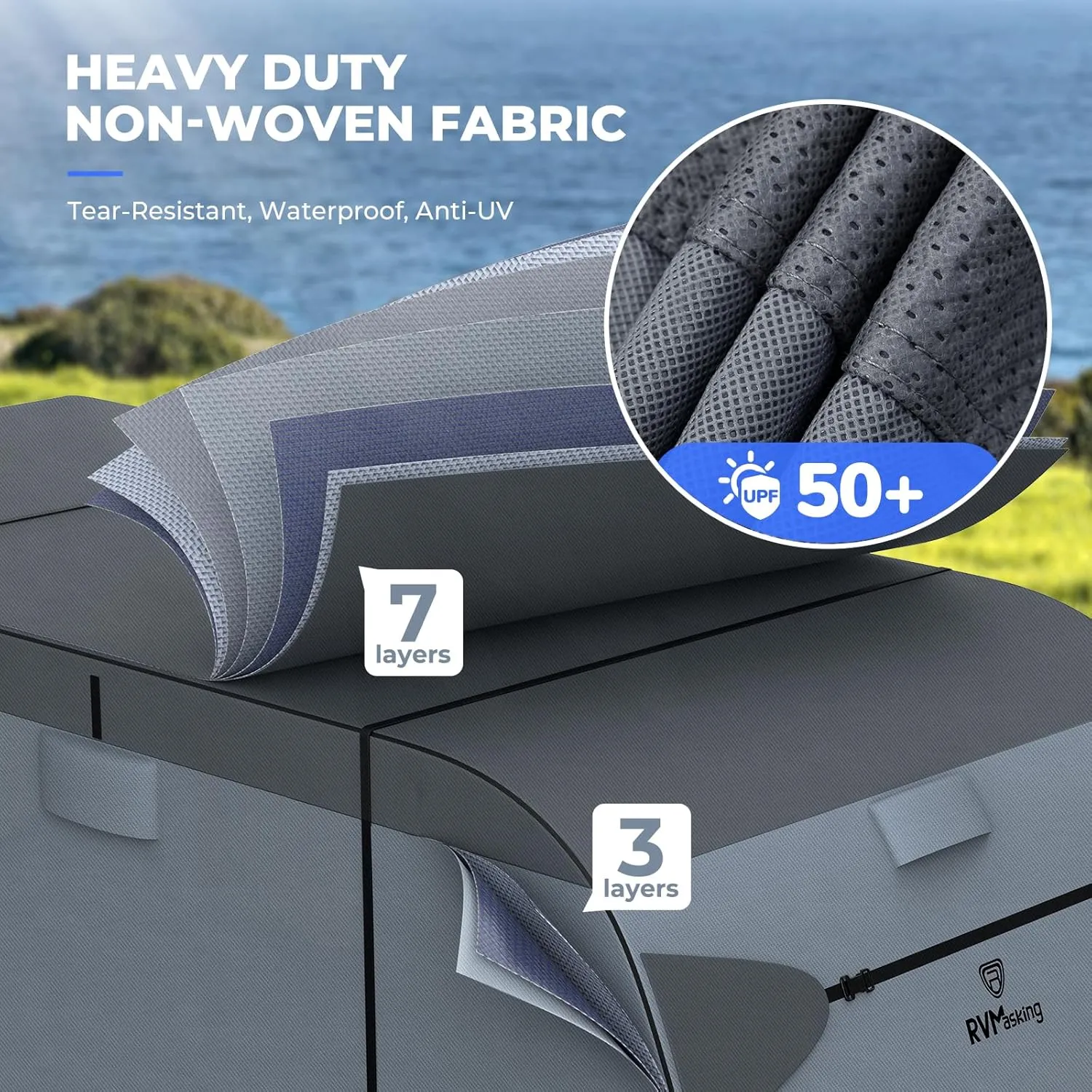 RVMasking RV Cover, Heavy Duty 7 Layers Travel Trailer Cover with 4 Tire Covers for 15'1"-18', Windproof Rip-Stop Anti-UV Camper Cover, Dark Gray