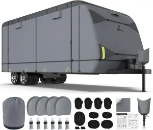 RVMasking RV Cover, Heavy Duty 7 Layers Travel Trailer Cover with 4 Tire Covers for 15'1"-18', Windproof Rip-Stop Anti-UV Camper Cover, Dark Gray