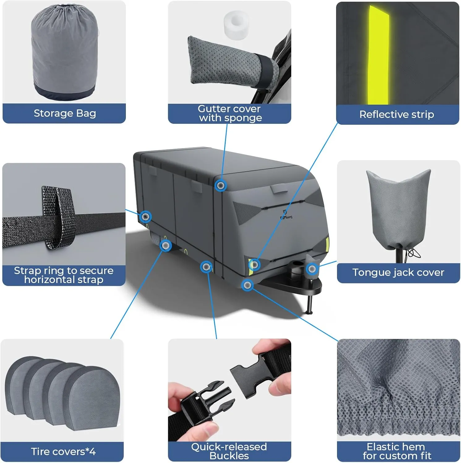 RVMasking RV Cover, Heavy Duty 7 Layers Travel Trailer Cover with 4 Tire Covers for 15'1"-18', Windproof Rip-Stop Anti-UV Camper Cover, Dark Gray