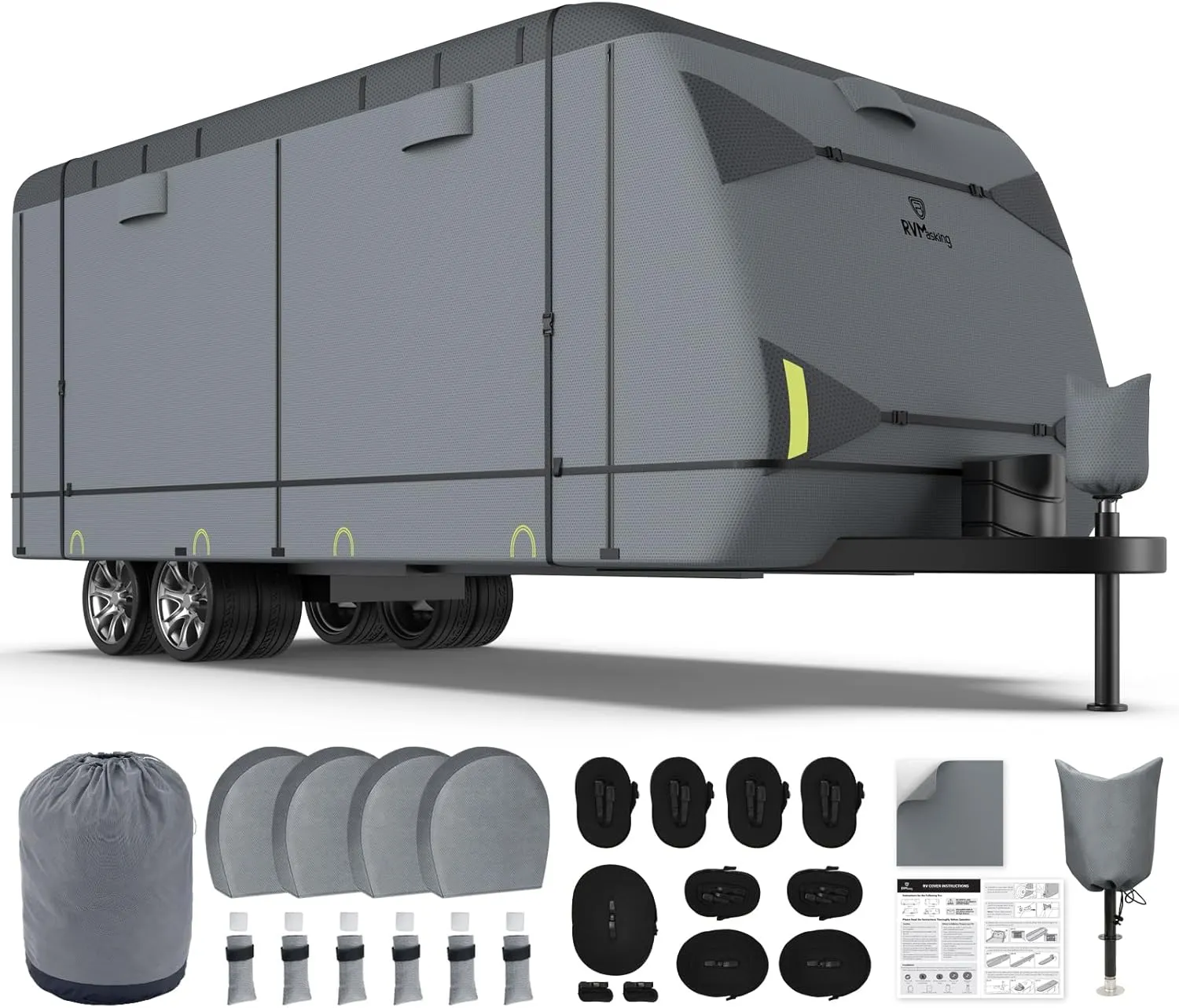 RVMasking RV Cover, Heavy Duty 7 Layers Travel Trailer Cover with 4 Tire Covers for 20'1"-22', Windproof Rip-Stop Anti-UV Camper Cover, Dark Gray