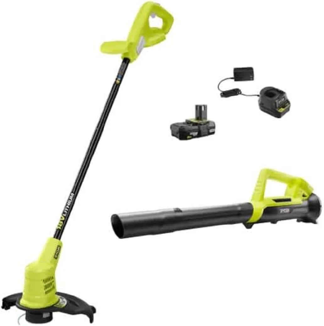 RYOBI 18V ONE  10-inch Cordless Battery String Trimmer and Blower with 2.0 Ah Battery and Charger