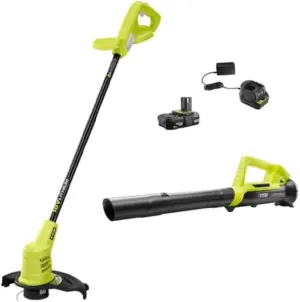 RYOBI 18V ONE  10-inch Cordless Battery String Trimmer and Blower with 2.0 Ah Battery and Charger
