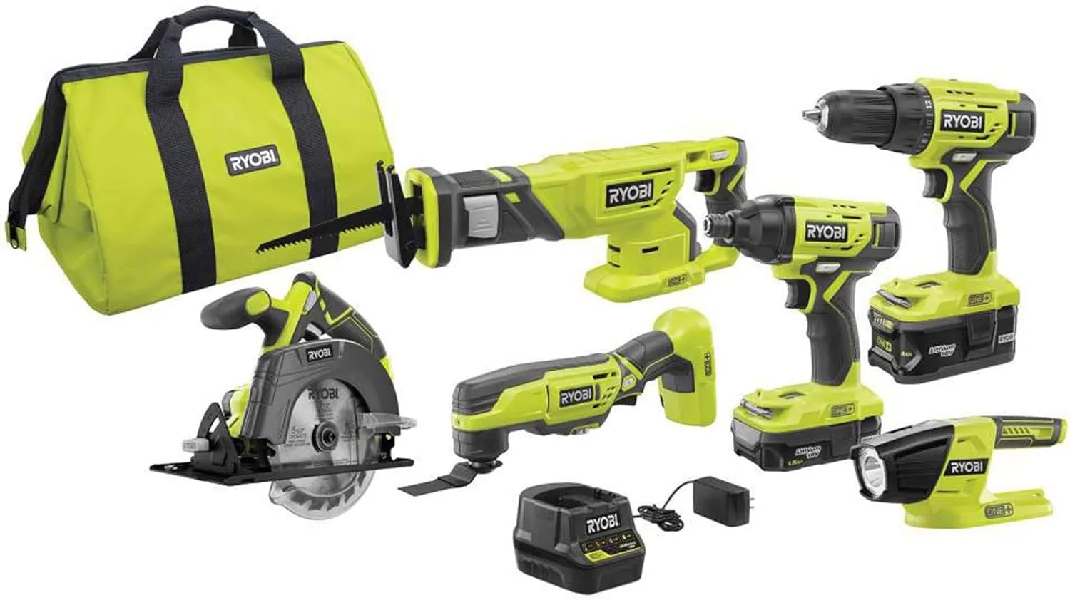 RYOBI P1819 18V One  Lithium Ion Combo Kit (6 Tools: Drill/Driver, Impact Driver, Reciprocating Saw, Circular Saw, Multi-Tool, LED Worklight, 4.0 Ah & 1.5 Ah Battery, Charger, Bag)