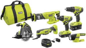 RYOBI P1819 18V One  Lithium Ion Combo Kit (6 Tools: Drill/Driver, Impact Driver, Reciprocating Saw, Circular Saw, Multi-Tool, LED Worklight, 4.0 Ah & 1.5 Ah Battery, Charger, Bag)