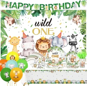 Safari First Birthday Party Decorations for Boys Jungle Wild One Banner Backdrop Animal Balloons Plates Napkins Cups Tablecloth Tableware Supplies for Kids One Year Birthday Baby Shower Decor Serves10