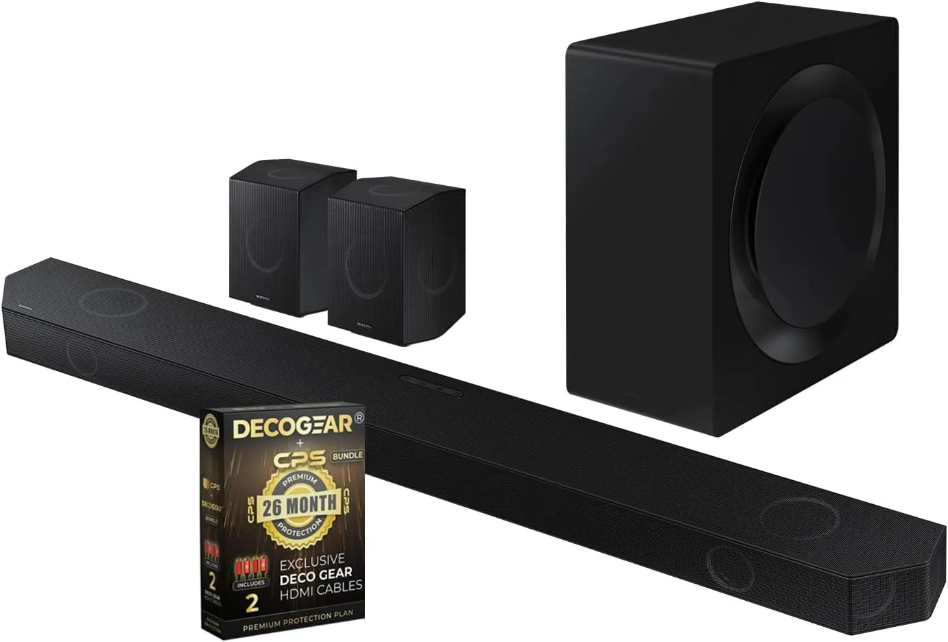 SAMSUNG HW-Q990D 11.1.4ch Soundbar w/Rear Speaker, Wireless Dolby Atmos Audio (2024)   2X 4K HDMI 2.0 Cable w/Pure Copper Conductors & Deco Gear CPS Exclusive 1-Year Protection