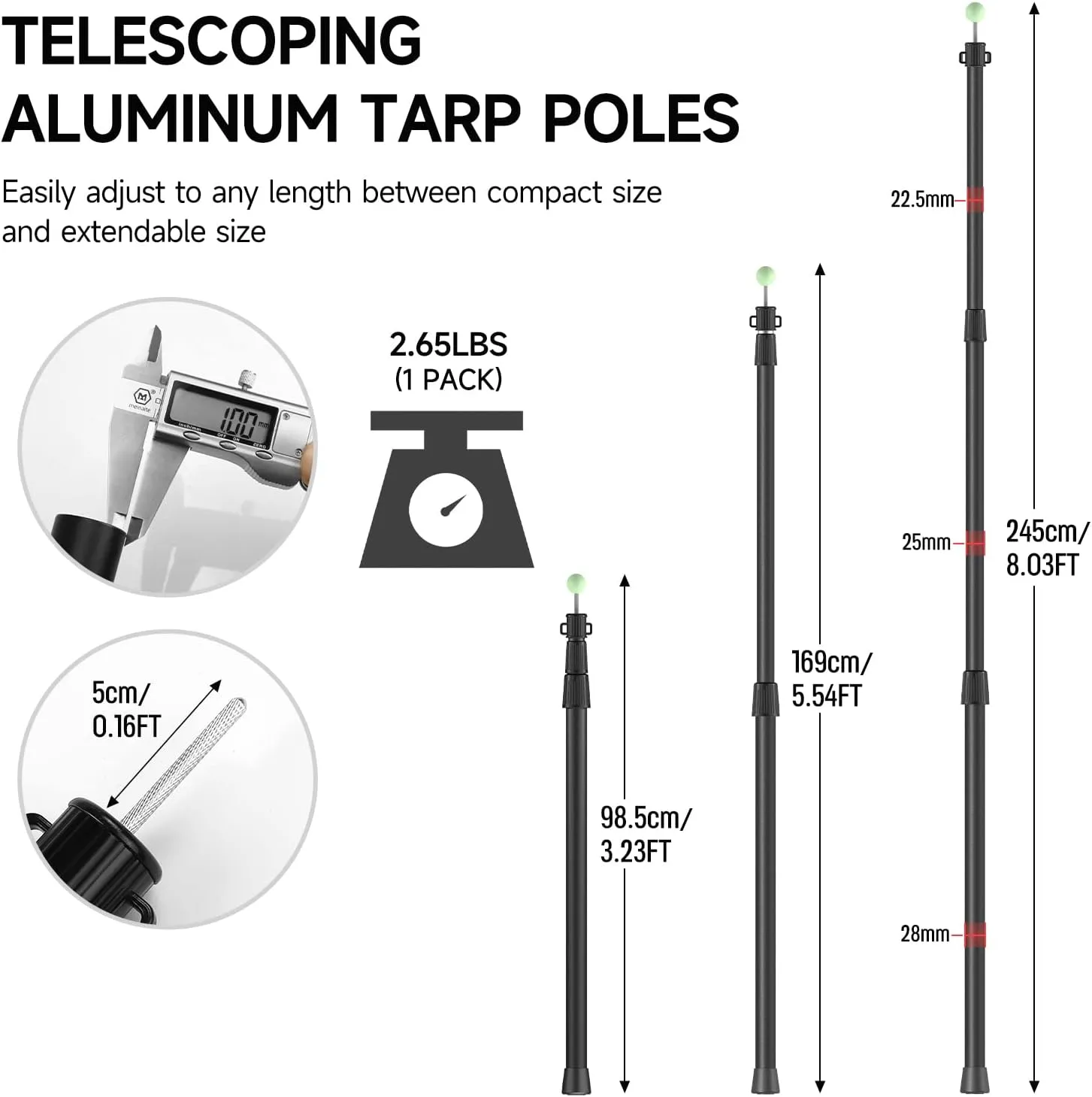 SAN LIKE Telescoping Tarp Poles Tent Poles, 96" Aluminum Canopy Poles Extendable Pole for Awning Shelter Camping Backpacking Hiking Picnic, Set of 4