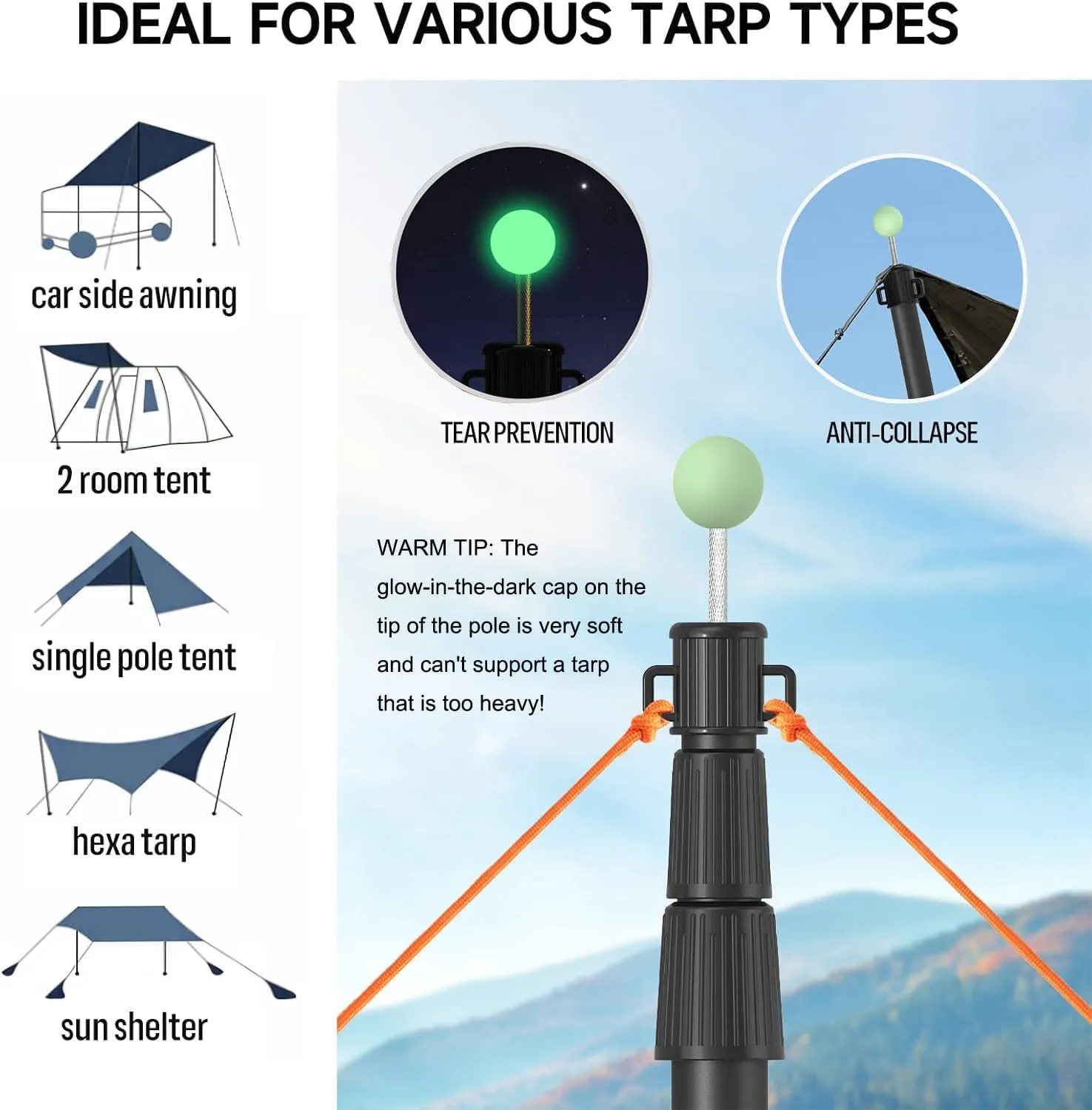 SAN LIKE Telescoping Tarp Poles Tent Poles, 96" Aluminum Canopy Poles Extendable Pole for Awning Shelter Camping Backpacking Hiking Picnic, Set of 4