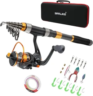 SANLIKE Fishing Rod and Reel Combos, Carbon Fiber Telescopic Fishing Pole Combo Set Quick Set Spinning Reel with Lures Accessories Travel Kit and Carrier Bag for Saltwater Freshwater