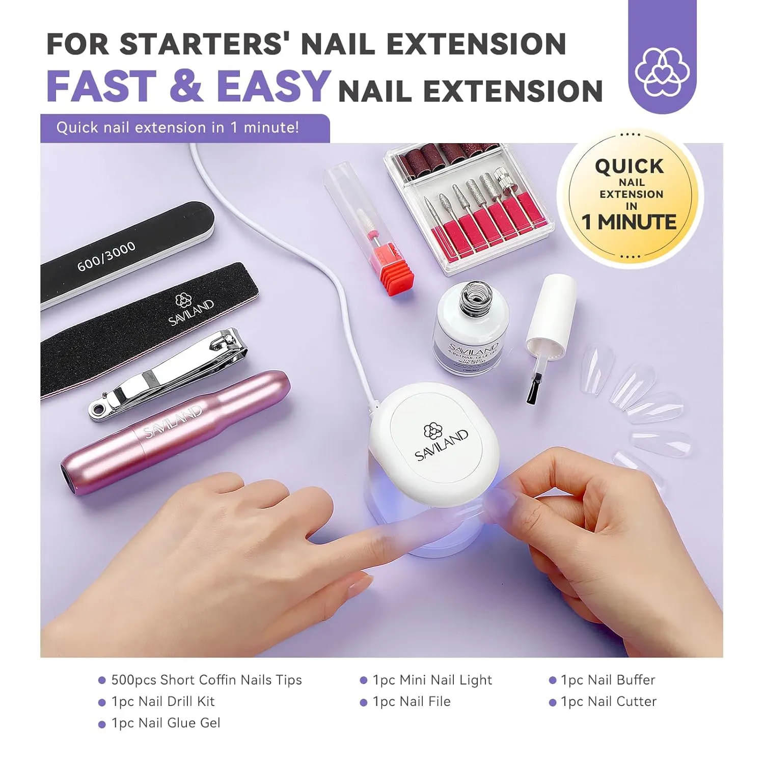 SAVILAND Gel Nail Kit with U V Light: Gel SSProTip X Nail Kit with Nails Glue Easy Fast Nails Extension 500Pcs Short Coffin and Nail Drill Kit 4-in-1 Glue Gels 15ML Mini U V Lamp For Gels Art Tools