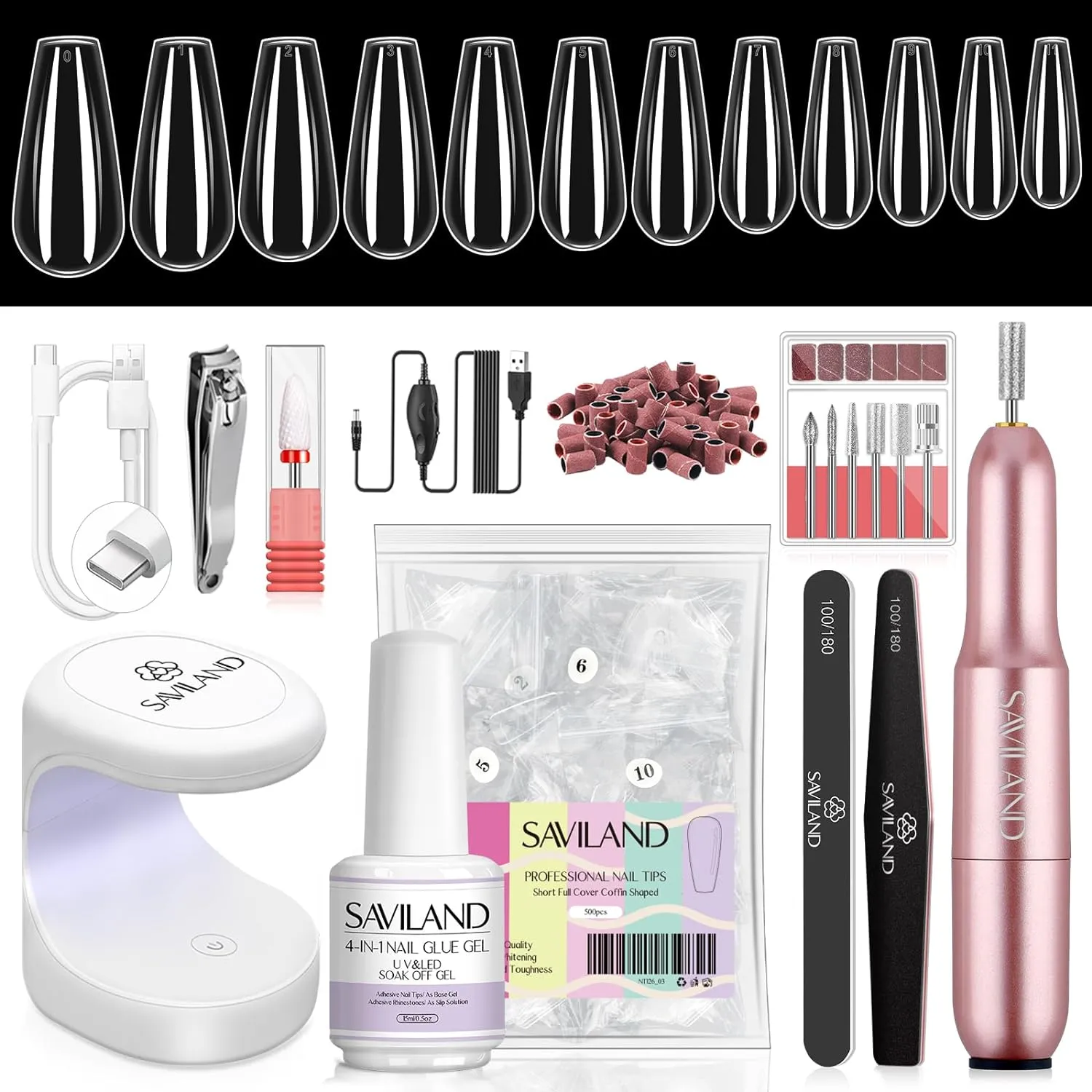 SAVILAND Gel Nail Kit with U V Light: Gel SSProTip X Nail Kit with Nails Glue Easy Fast Nails Extension 500Pcs Short Coffin and Nail Drill Kit 4-in-1 Glue Gels 15ML Mini U V Lamp For Gels Art Tools
