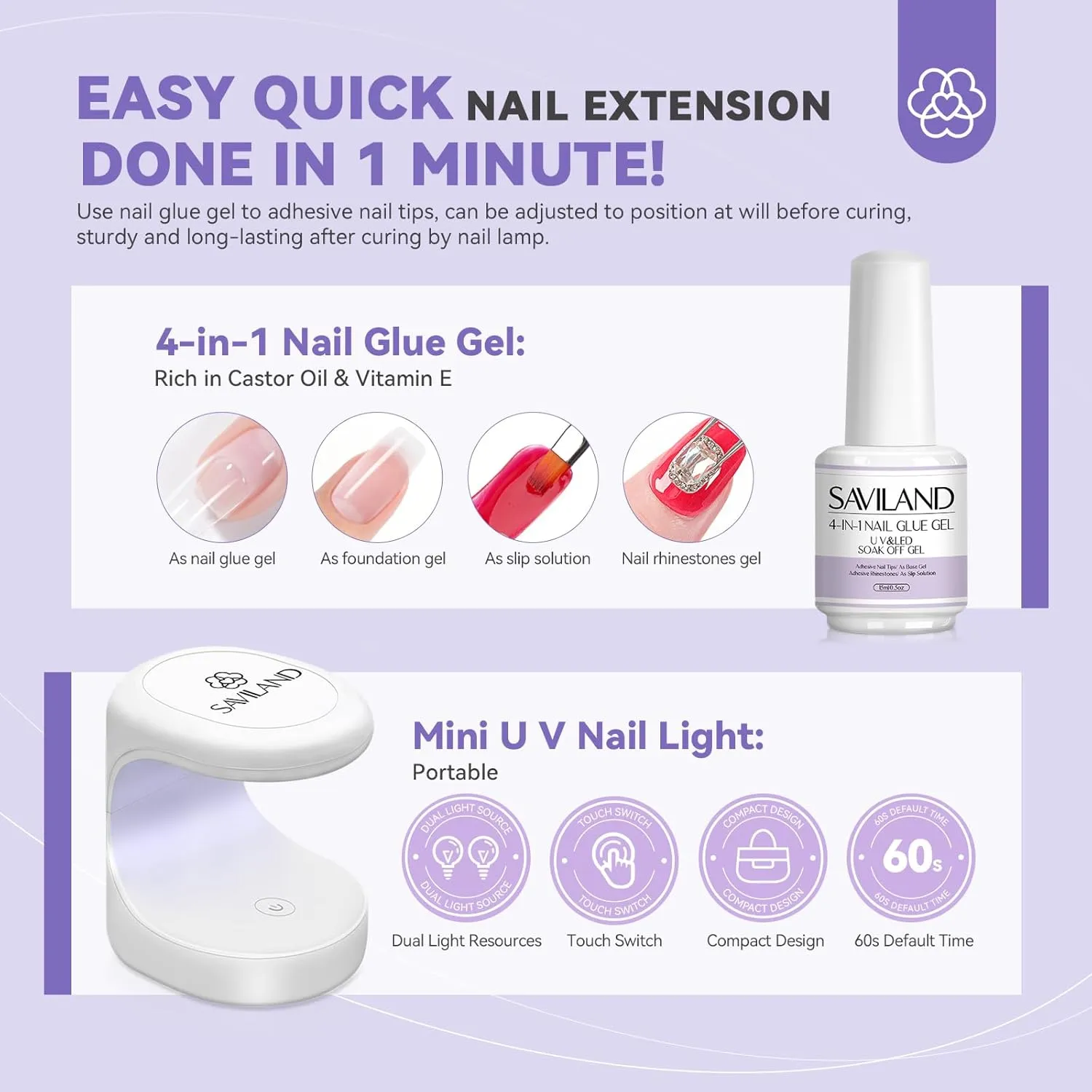 SAVILAND Gel Nail Kit with U V Light: Gel SSProTip X Nail Kit with Nails Glue Easy Fast Nails Extension 500Pcs Short Coffin and Nail Drill Kit 4-in-1 Glue Gels 15ML Mini U V Lamp For Gels Art Tools