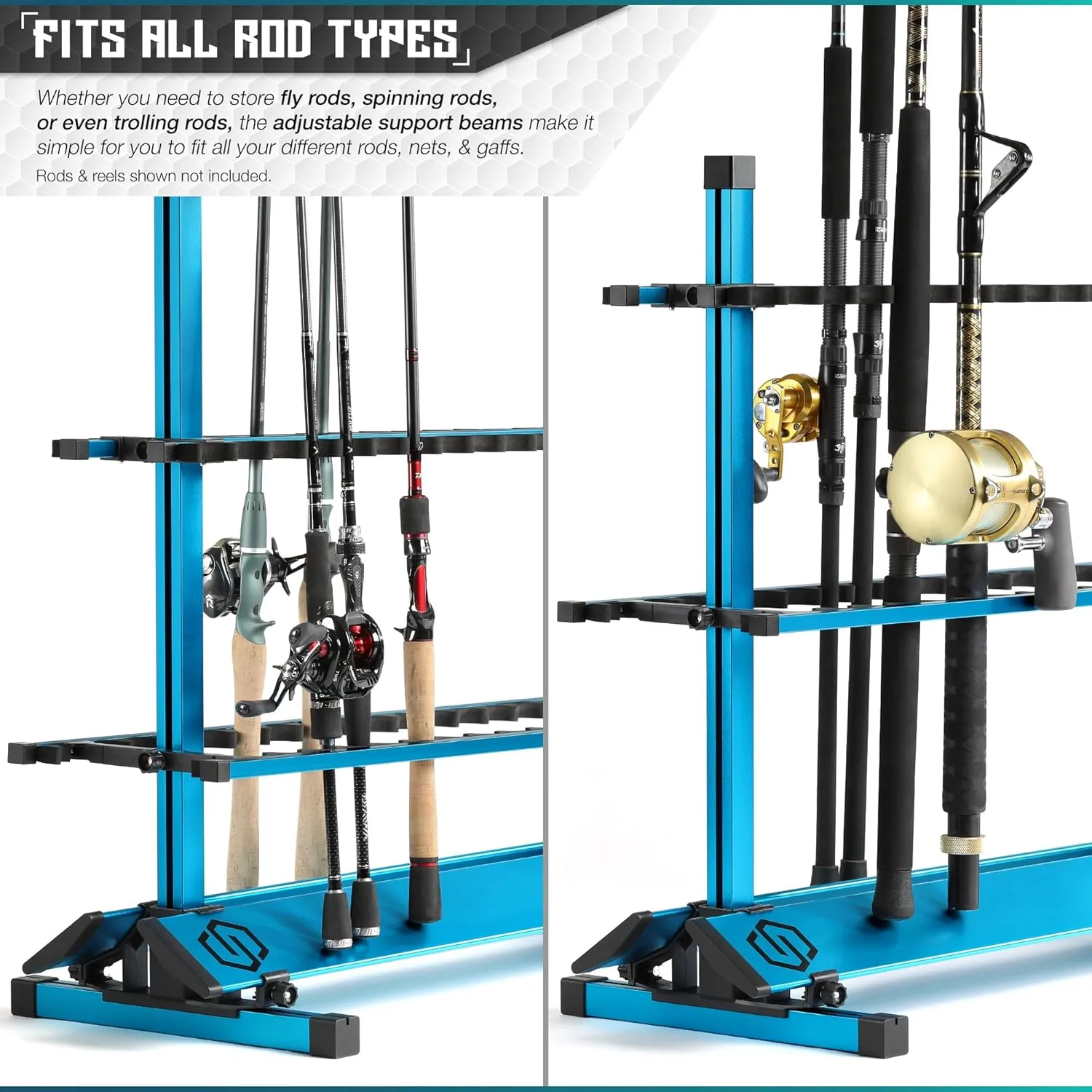 Savior Equipment Fishing Rod Rack Holder Organizer, 24-48 Slots to Hold Fresh Salt Water Spinning Rods & Reel Combo, Lightweight Aluminum Vertical Fish Pole Garage Storage Ground Display Stand