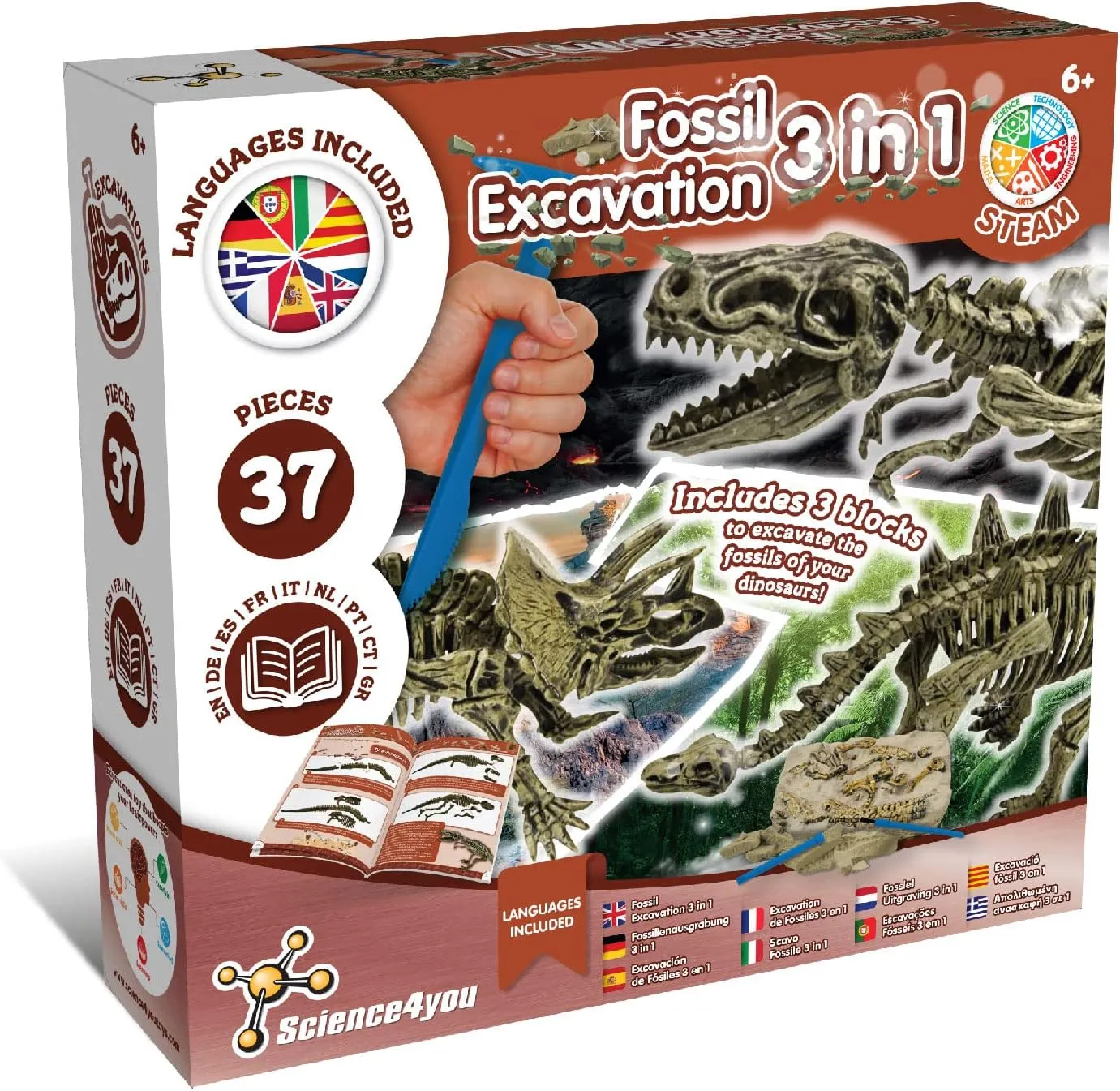 Science4you Dinosaur Fossil Excavation 3 in 1 - Fossil Digging Kit for Kids: T-Rex & Triceratops & Stegosaurus, 3 Dinosaurs Toys for Kids, 37 Pieces, Toys, Games, Gifts for 6  Year Old Boys and Girls