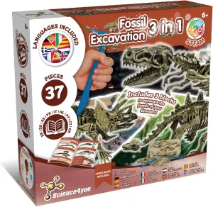 Science4you Dinosaur Fossil Excavation 3 in 1 - Fossil Digging Kit for Kids: T-Rex & Triceratops & Stegosaurus, 3 Dinosaurs Toys for Kids, 37 Pieces, Toys, Games, Gifts for 6  Year Old Boys and Girls