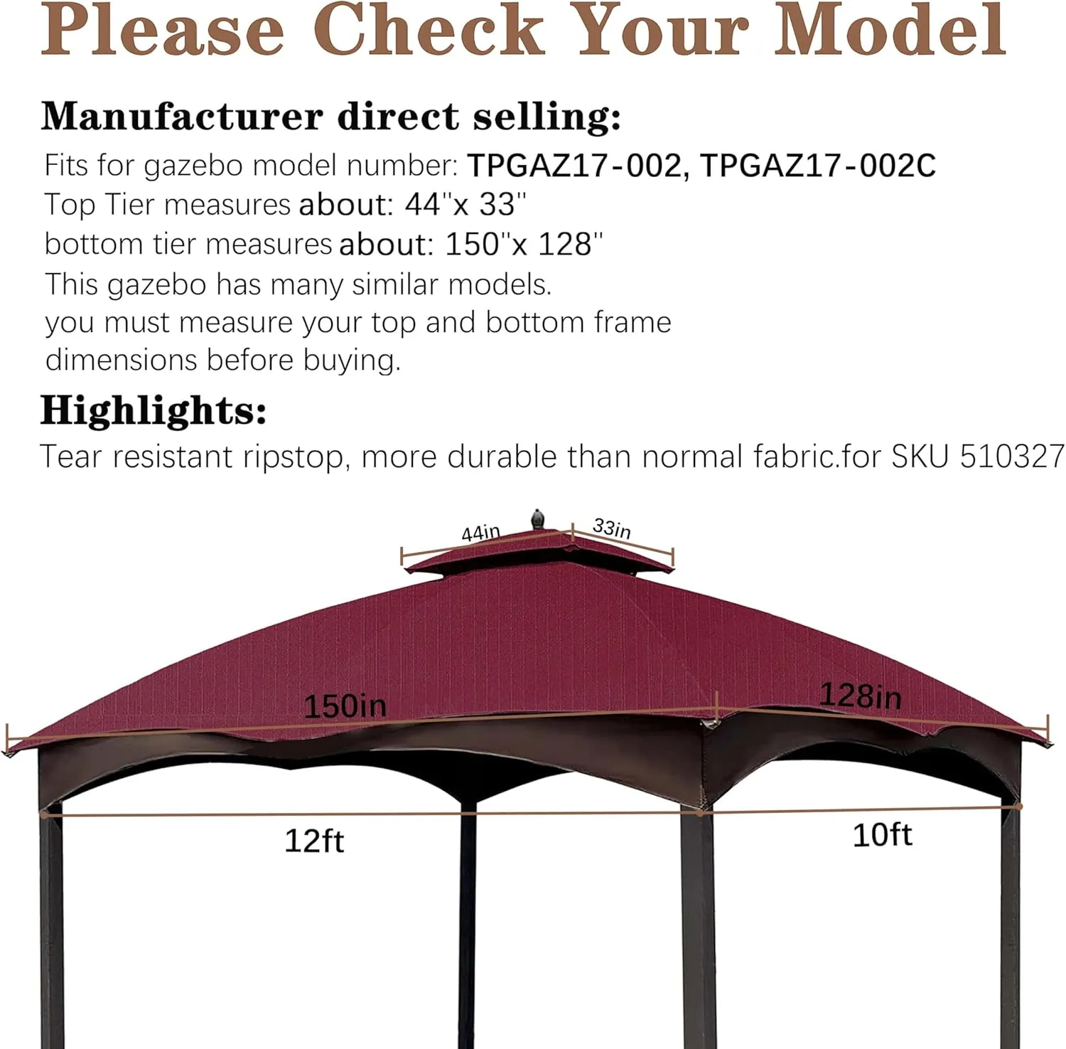 SCOCANOPY Burgundy Ripstop Replacement Cover for Lowe's Allen Roth 10X12 Gazebo Model #TPGAZ17-002C,TPGAZ17-002