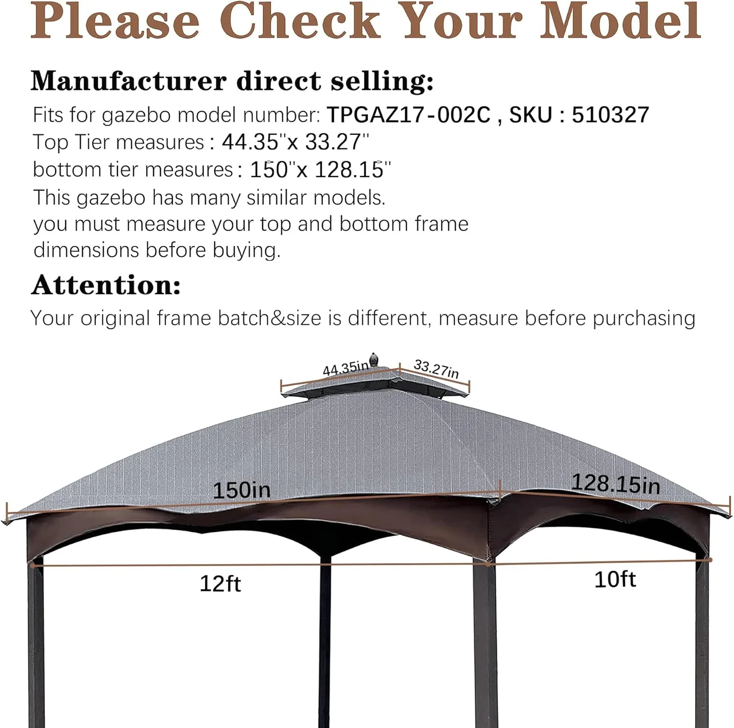 SCOCANOPY Gray Ripstop Replacement Cover for Lowe's Allen Roth 10X12 Gazebo Model #TPGAZ17-002C,TPGAZ17-002