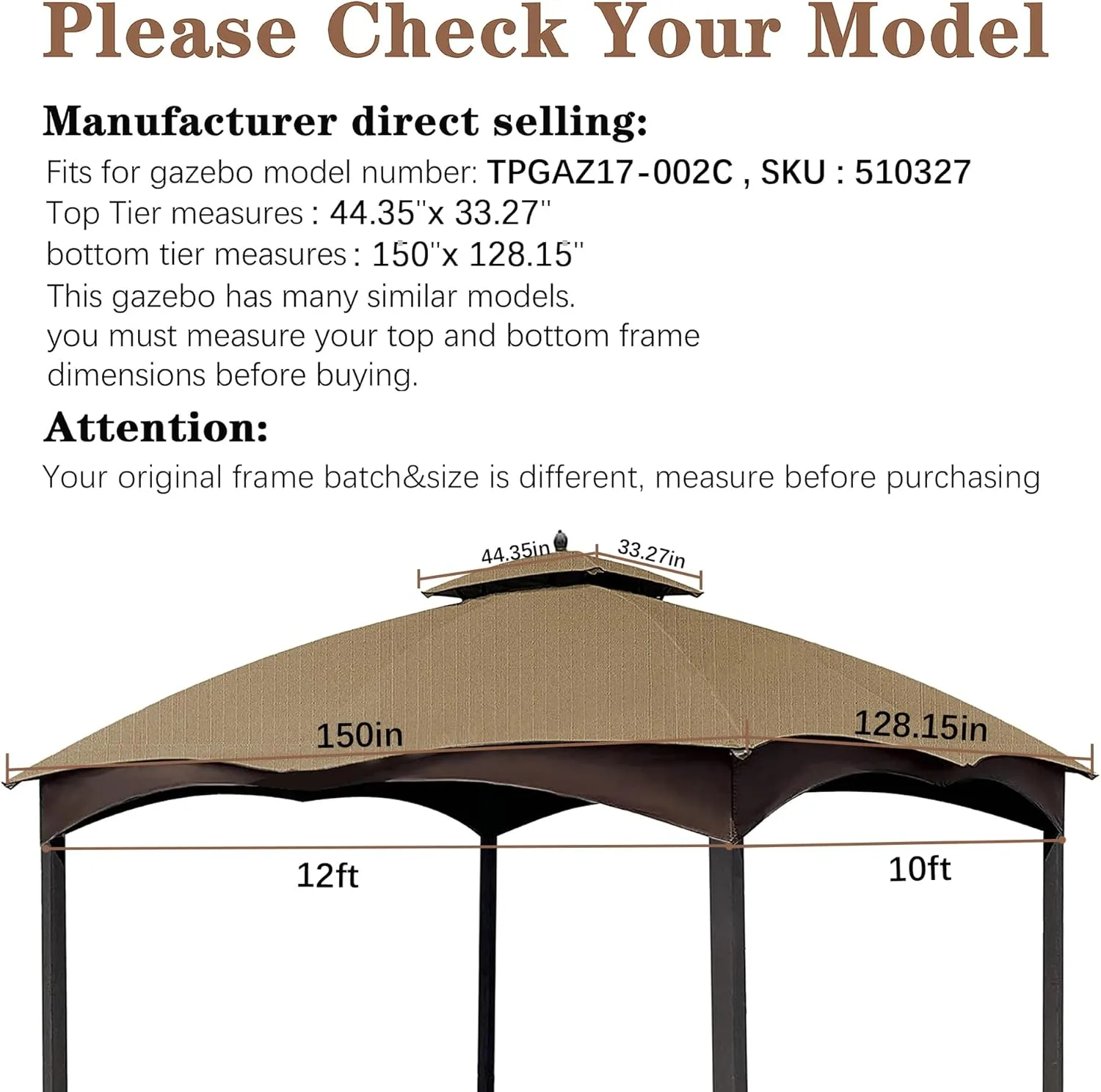 SCOCANOPY Khaki Ripstop Replacement Cover for Lowe's Allen Roth 10X12 Gazebo Model #TPGAZ17-002C，TPGAZ17-002
