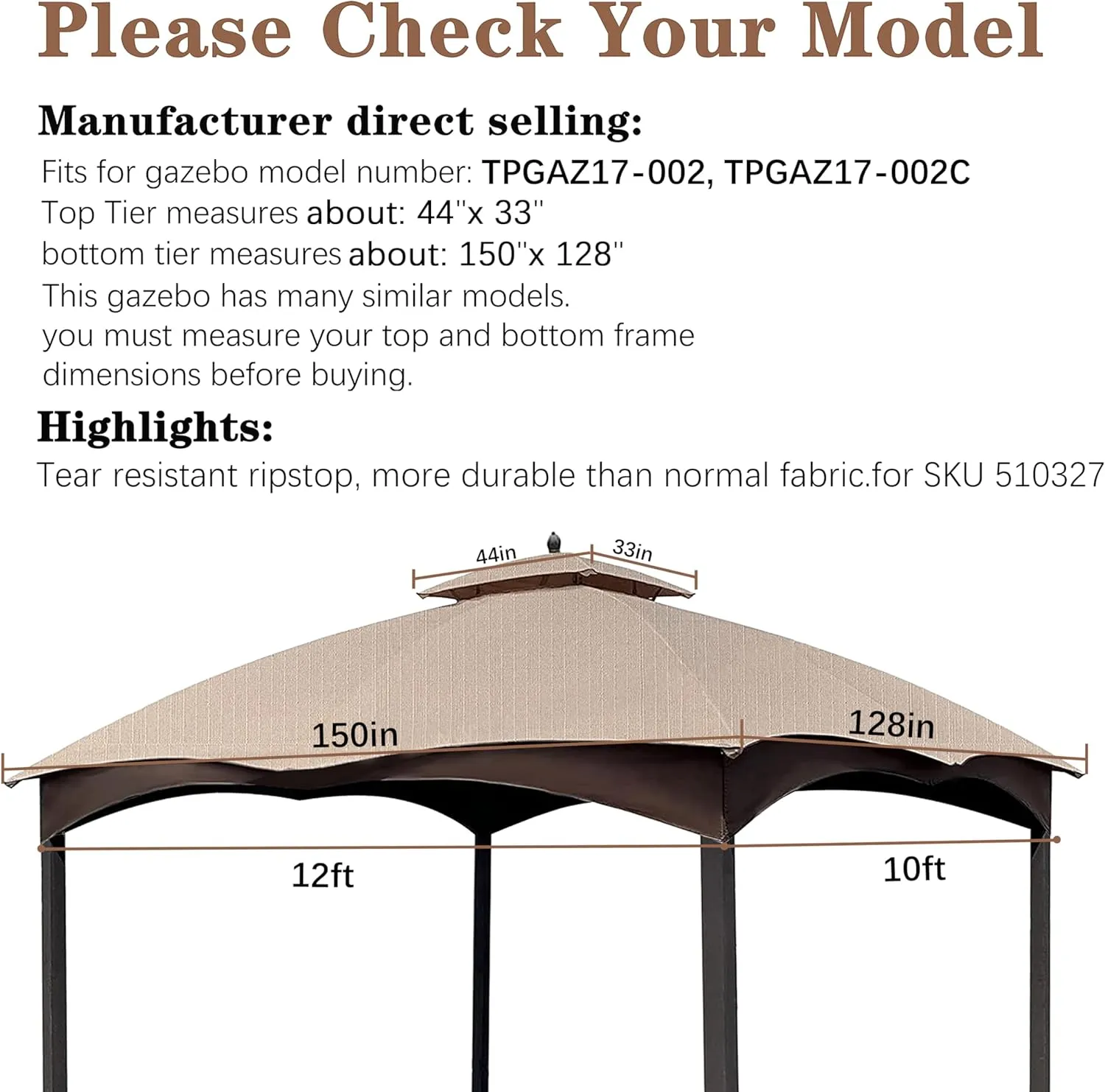 SCOCANOPY Light Beige Ripstop Replacement Cover for Lowe's Allen Roth 10X12 Gazebo Model #TPGAZ17-002C