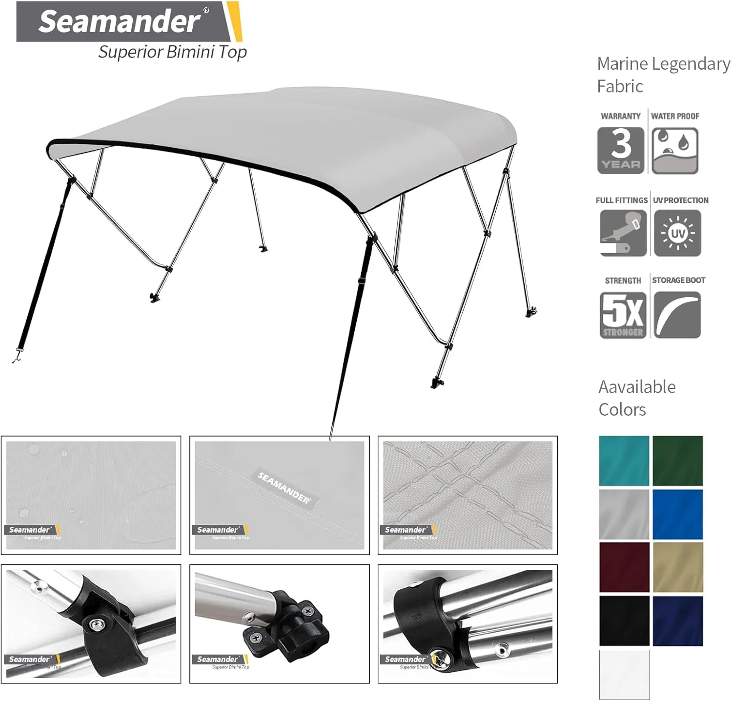 Seamander 4 Bow Bimini Top Boat Cover Sun Shade Boat Canopy Waterproof 1 Inch Aluminum Frame with Rear Support Pole and Storage Boot (4 Bow 8'L x 54" H x 97"-103" W,Grey)