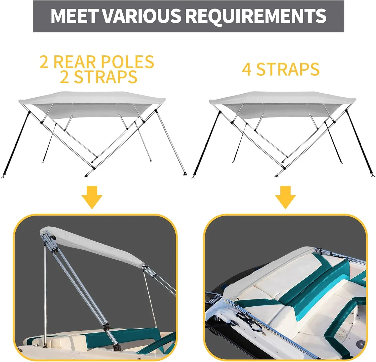 Seamander 4 Bow Bimini Top Boat Cover Sun Shade Boat Canopy Waterproof 1 Inch Aluminum Frame with Rear Support Pole and Storage Boot (4 Bow 8'L x 54" H x 97"-103" W,Grey)