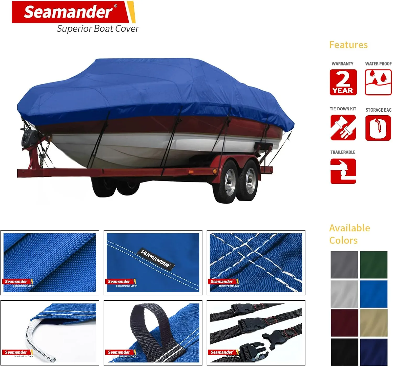 Seamander Heavy Duty Polyester Boat Cover - Marine Grade, Waterproof - Fits V-Hull, Tri-Hull, Fish & Ski, Runabout Bowrider Boats - 17' to 19' Length