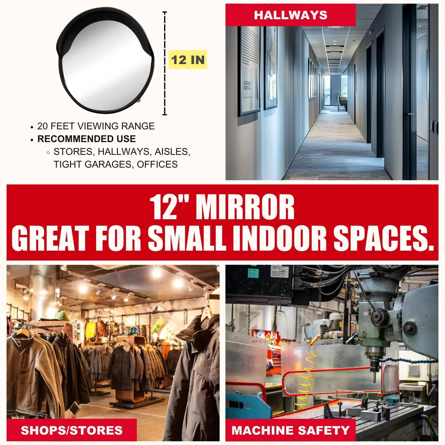 SECURITYMAN 12-Inch Convex Mirror for Blind Spots – Indoor Security Mirror for Close Range Viewing Up to 20 Ft – Shatterproof with Wide Fisheye 90° View