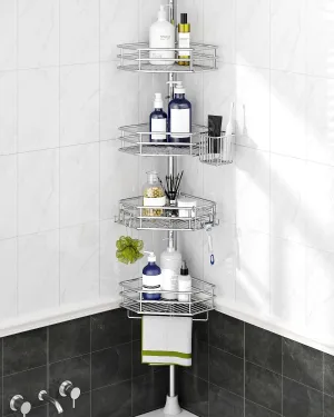 SEIRIONE Corner Shower Caddy Tension Pole, Quick Setup, Rust-Free Bathroom Shower Organizer Corner for Bathtub Shampoo Storage, 4-Tier Adjustable Shelf, Drill Free, Fits 34 to 116 Inch Height, Silver
