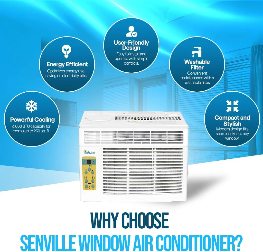 Senville 6,000 BTU Window Air Conditioner, Cools Up to 250 Sq. Ft., Easy to Use, Washable Filter