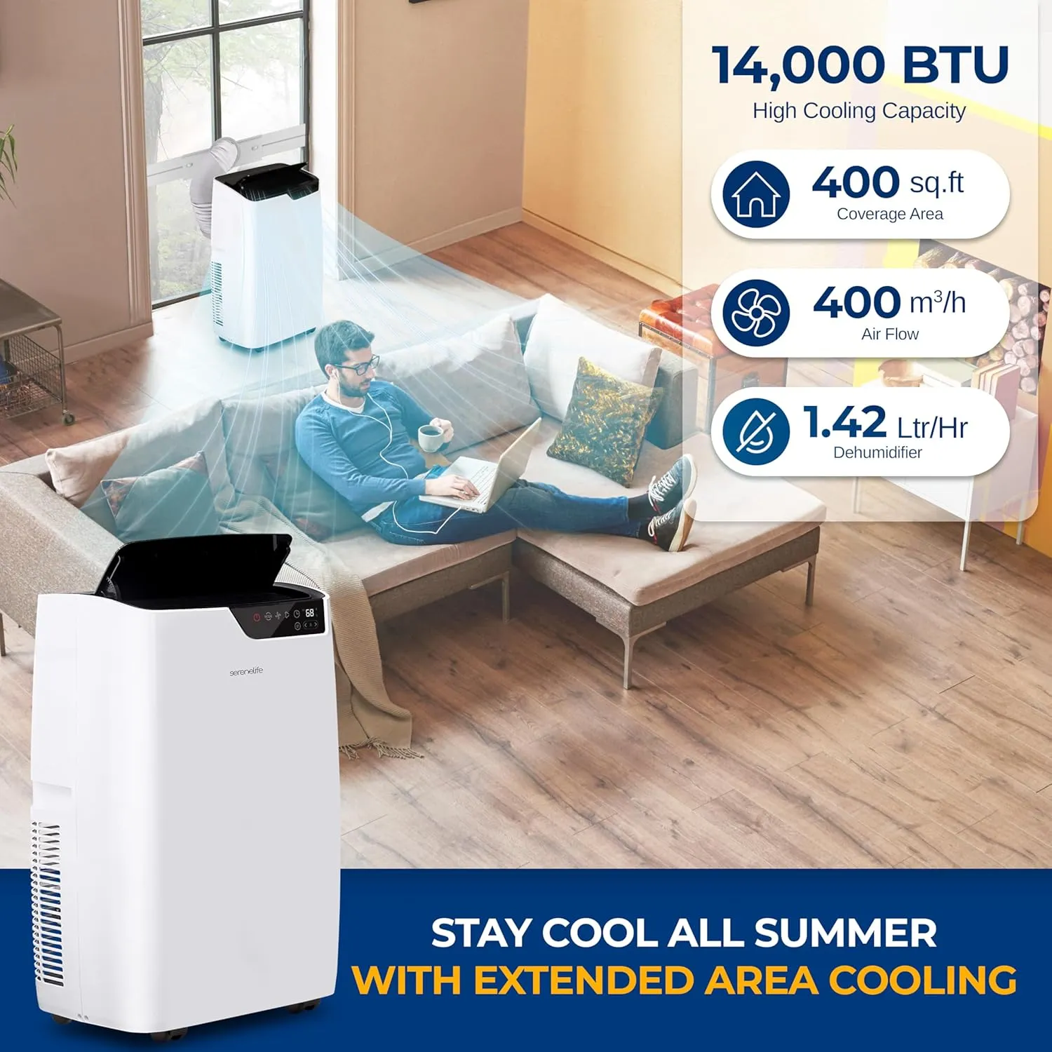SereneLife SLACP14 Single Duct Portable Air Conditioner-14000 BTU Capacity (ASHRAE) Compact Home A/C Cooling Unit with Built-in Dehumidifier & Fan Modes, Includes Window Mount Kit (White), Stadard