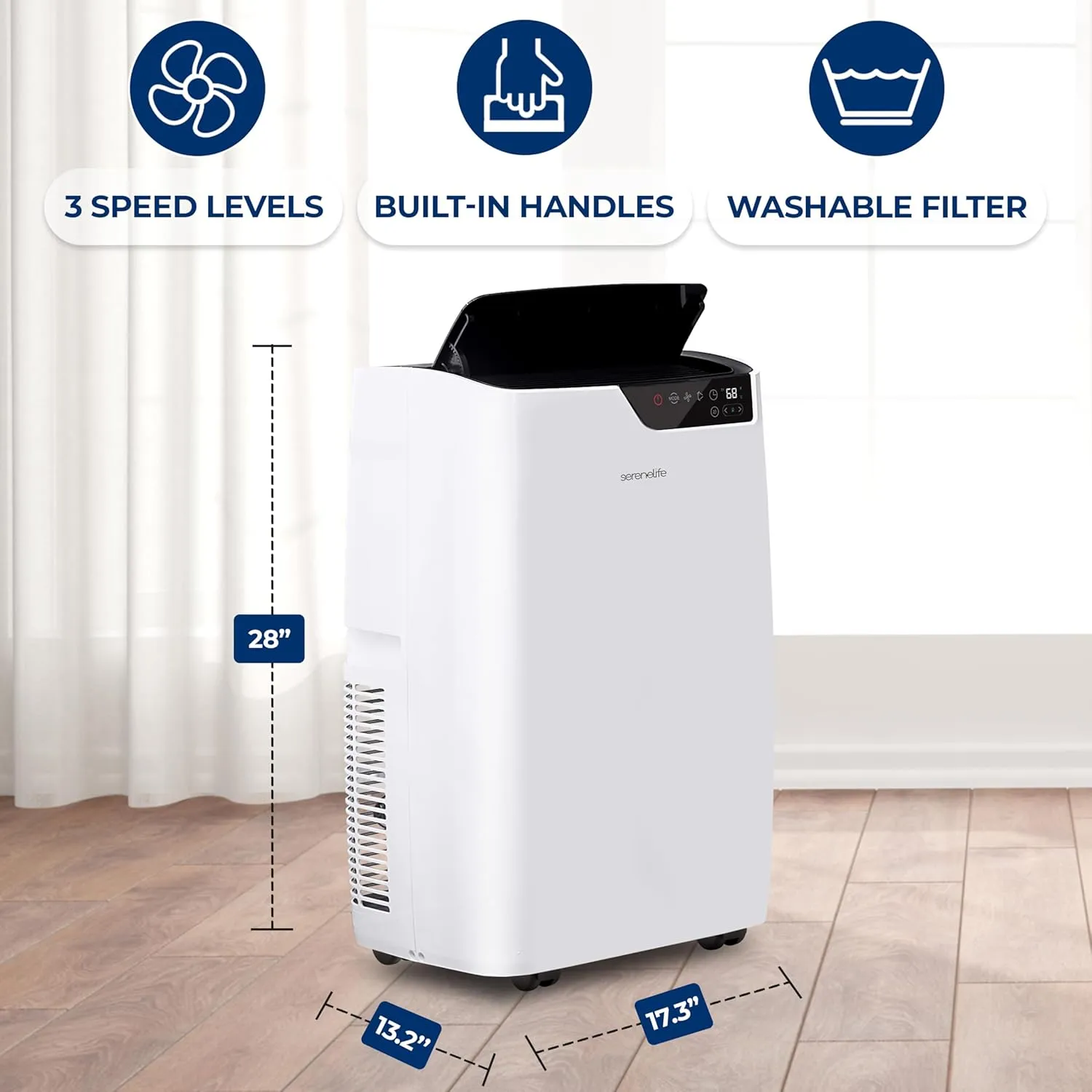 SereneLife SLACP14 Single Duct Portable Air Conditioner-14000 BTU Capacity (ASHRAE) Compact Home A/C Cooling Unit with Built-in Dehumidifier & Fan Modes, Includes Window Mount Kit (White), Stadard