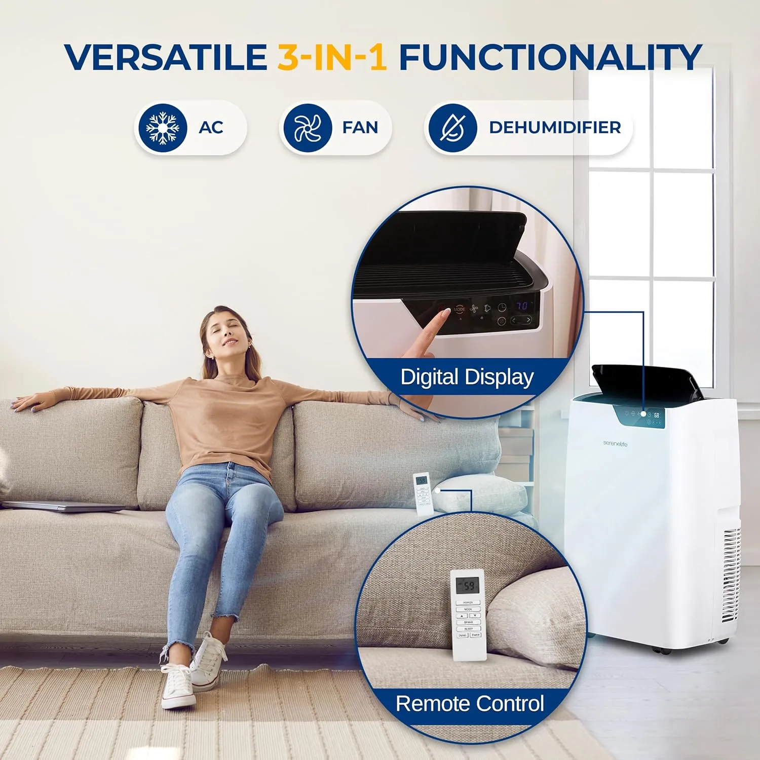 SereneLife SLACP14 Single Duct Portable Air Conditioner-14000 BTU Capacity (ASHRAE) Compact Home A/C Cooling Unit with Built-in Dehumidifier & Fan Modes, Includes Window Mount Kit (White), Stadard