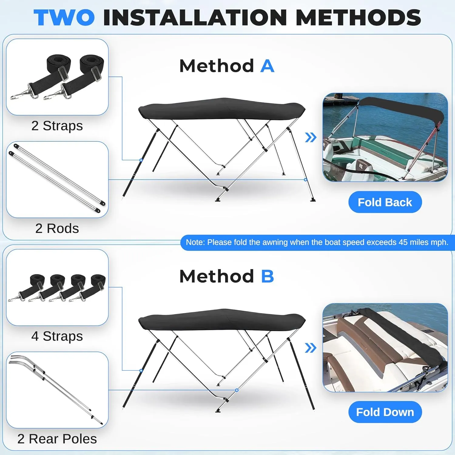 SereneLifeHome Waterproof Boat Bimini Top Cover-85-90" W 3 Bow Bimini Top Sun Shade Boat Canopy -1"Double Wall Aluminum Frame Tubes, 2 Front Straps,2 Rear Support Poles, Storage Boot-SLBTW90G.5 (Gray)