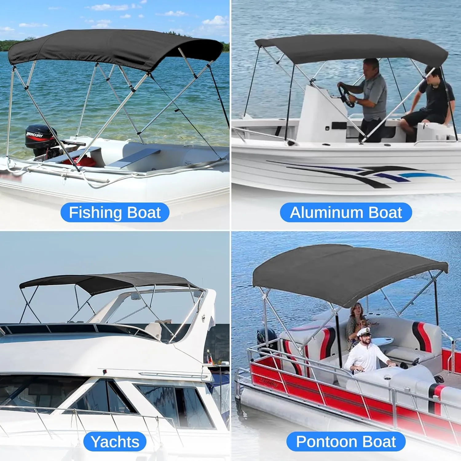 SereneLifeHome Waterproof Boat Bimini Top Cover-85-90" W 3 Bow Bimini Top Sun Shade Boat Canopy -1"Double Wall Aluminum Frame Tubes, 2 Front Straps,2 Rear Support Poles, Storage Boot-SLBTW90G.5 (Gray)