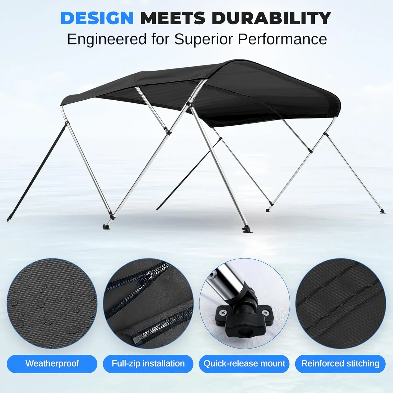 SereneLifeHome Waterproof Boat Bimini Top Cover-85-90" W 3 Bow Bimini Top Sun Shade Boat Canopy -1"Double Wall Aluminum Frame Tubes, 2 Front Straps,2 Rear Support Poles, Storage Boot-SLBTW90G.5 (Gray)