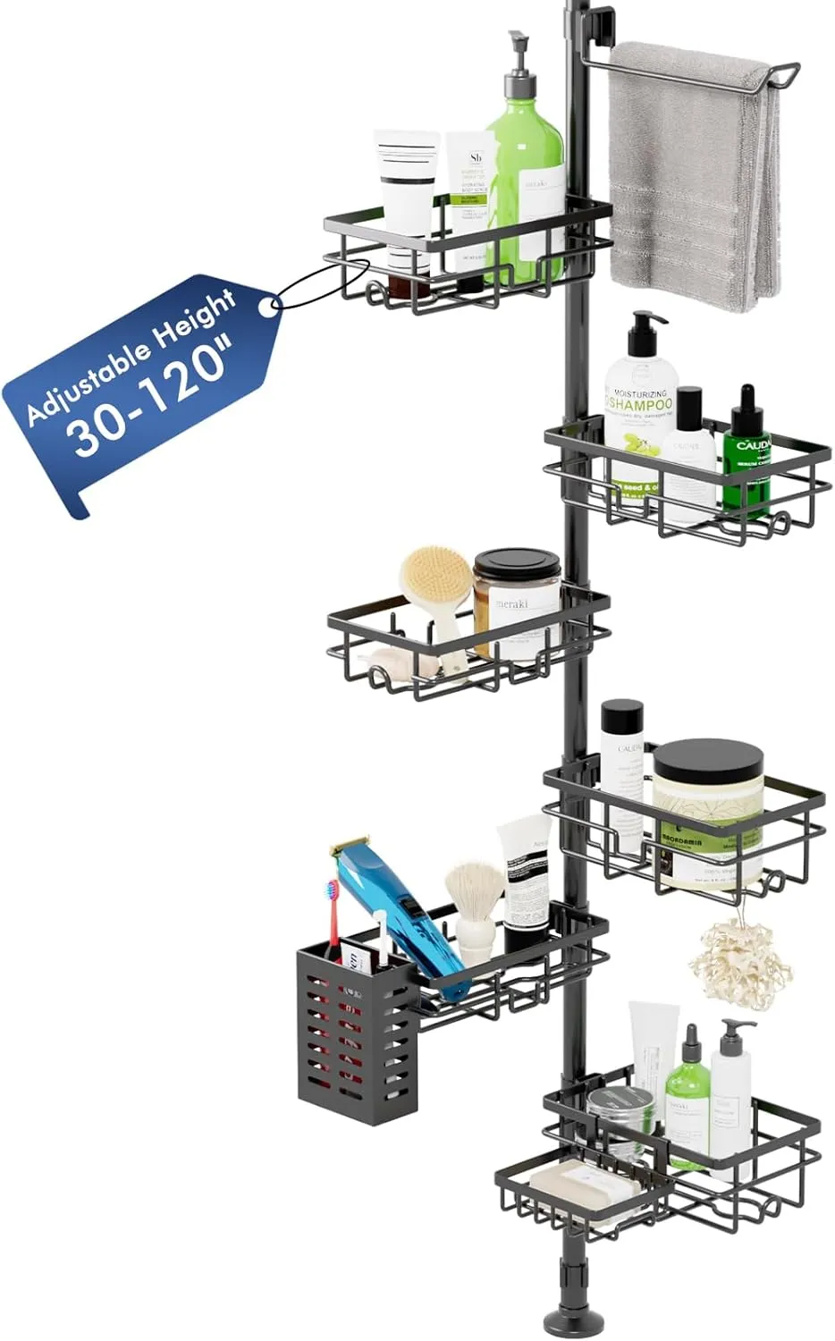 Shower Caddy Organizer Tension Pole, Rustproof 6-Pack Corner Shelf with 30-120 Inch Adjustable Shower Rack for Inside Shower, Extra Towel Bar & Soap Dish for Bathroom Organizers and Storage, Black