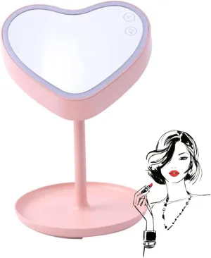 Small Vanity Mirror with Lights for Makeup Desk, Rechargeable Makeup Mirror with Storage, Compact Led Dimming Cosmetic Mirror, Double Sided 1X 3X Swivel Mirror for Bedroom Hotel Cruise Office