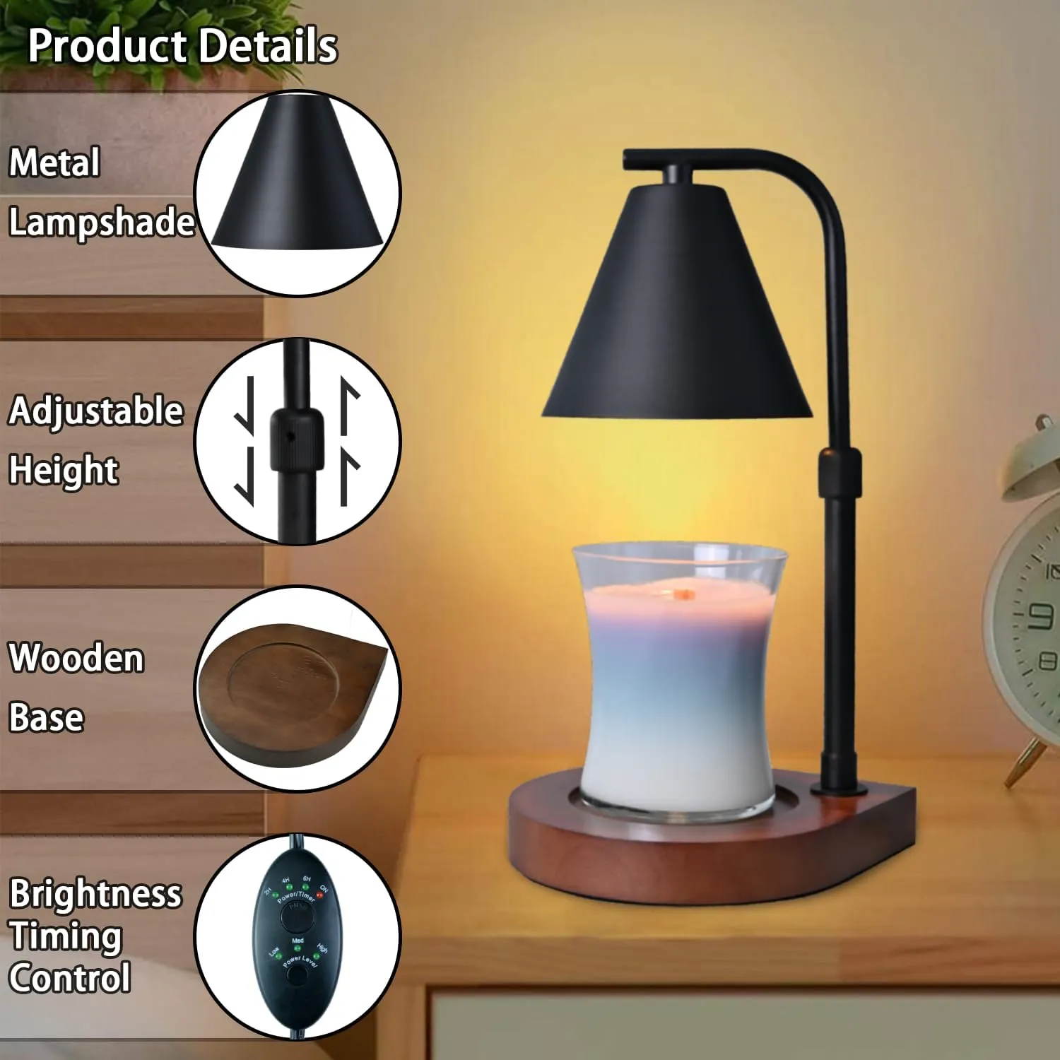 SOKCVSEA Candle Warmer Lamp - Candle Warmer with Timer Height Adjustable, Birthday Gifts for Women Mom Gifts, House Warming Gifts New Home Decor, Wax Melt with 2 Bulb Black