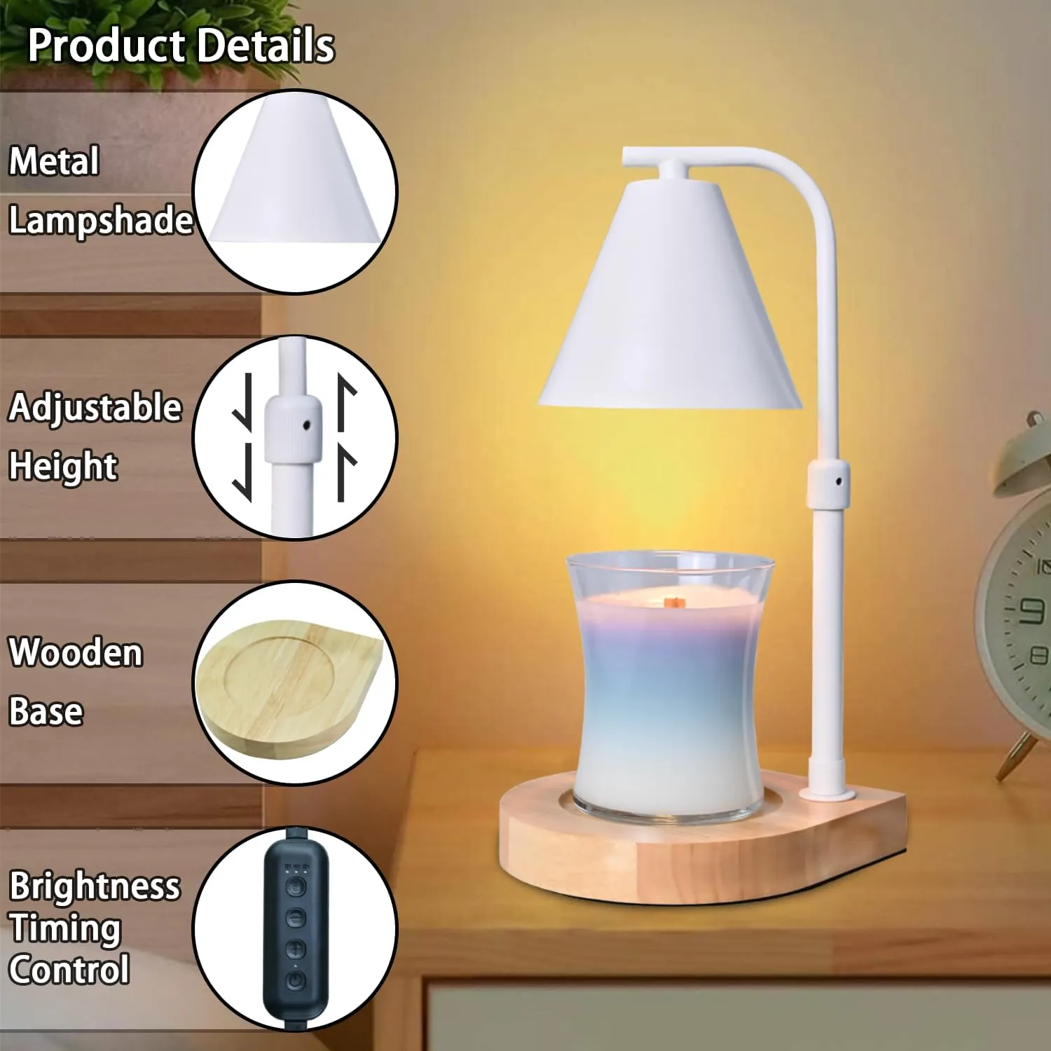 SOKCVSEA Candle Warmer Lamp - Candle Warmer with Timer Height Adjustable, Birthday Gifts for Women Mom Gifts, House Warming Gifts New Home Decor, Wax Melt with 2 Bulb White 03