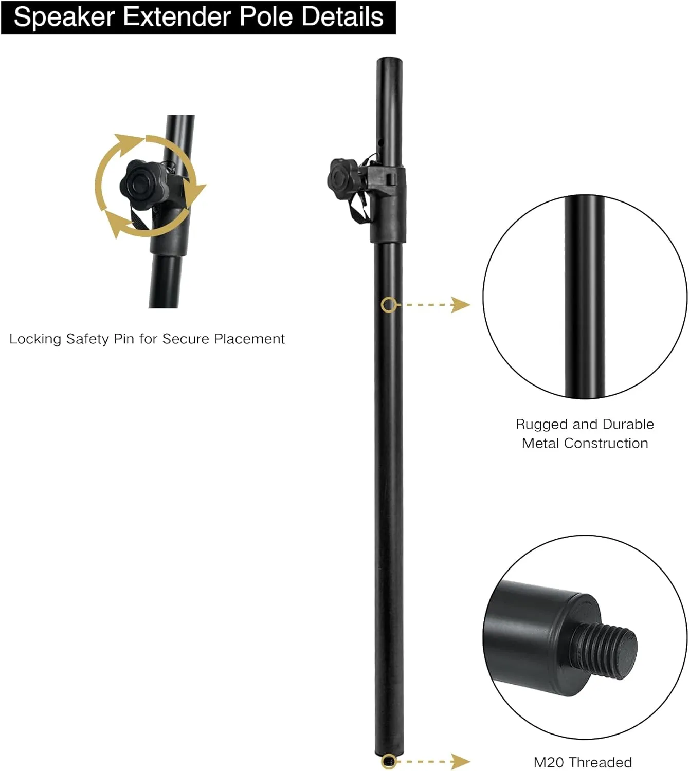 Sound Town 2-Pack Adjustable Height Subwoofer/Speaker Poles (35"-54") with M20 Threaded, 132 LB Load Capacity, Black (STSDA-M54B)
