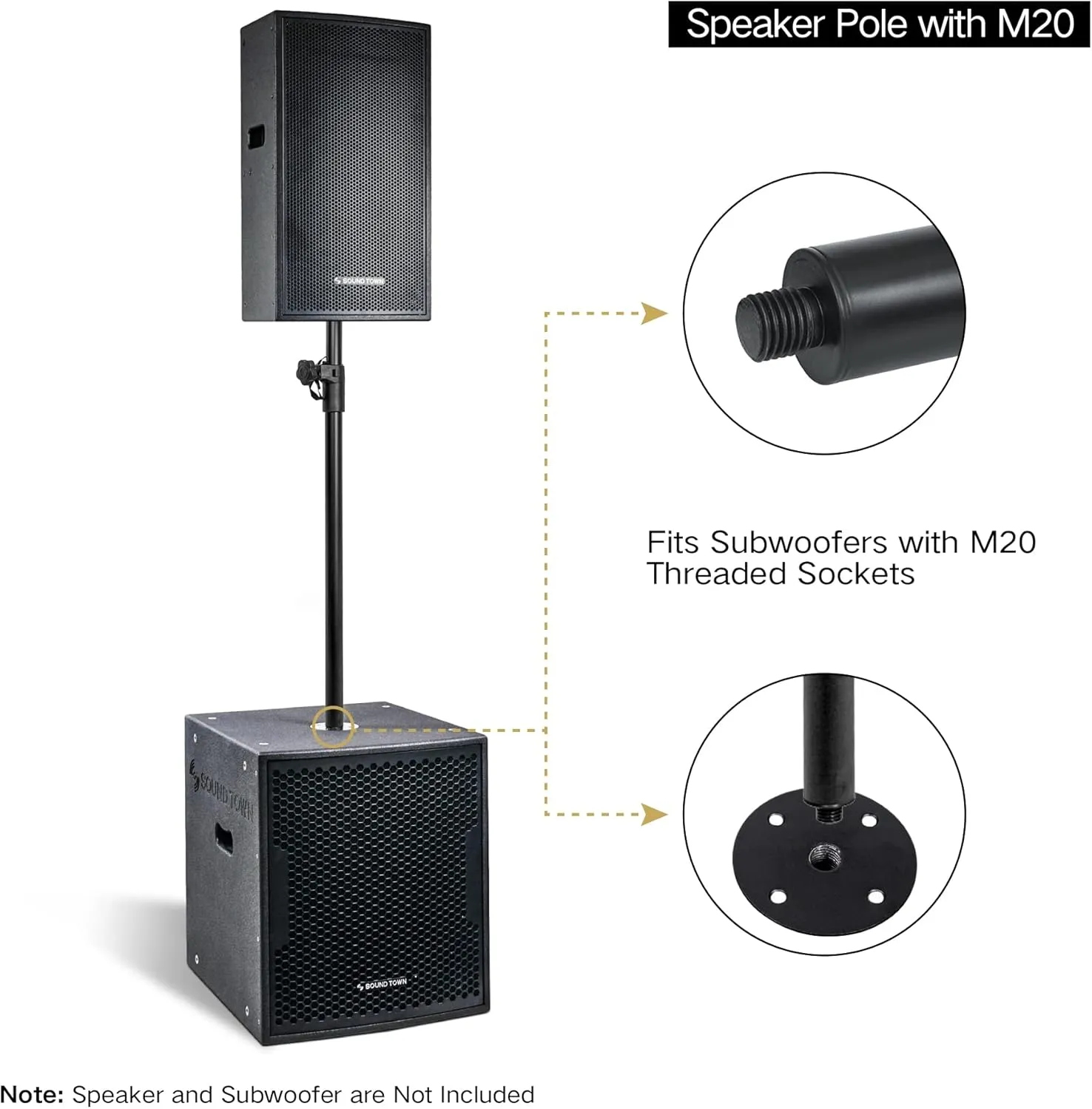 Sound Town 2-Pack Adjustable Height Subwoofer/Speaker Poles (35"-54") with M20 Threaded, 132 LB Load Capacity, Black (STSDA-M54B)