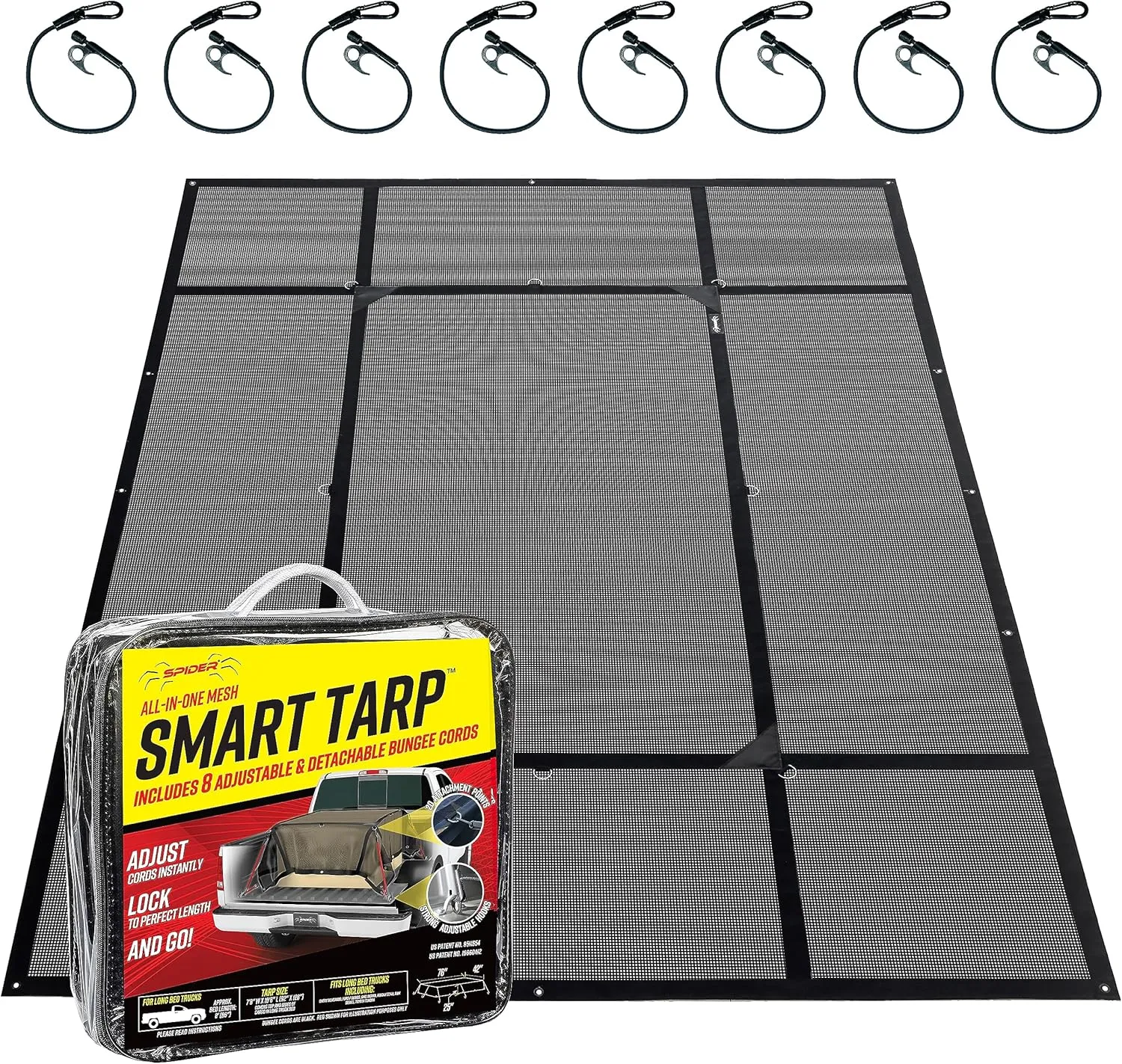 SPIDER Pickup Truck Bed Tarp (7’8” W x 10’6” L) - Heavy Duty Black Mesh Cargo Net Cover - Detachable Quick Adjust Tie Downs - Fits Long Bed (8') and Trailers