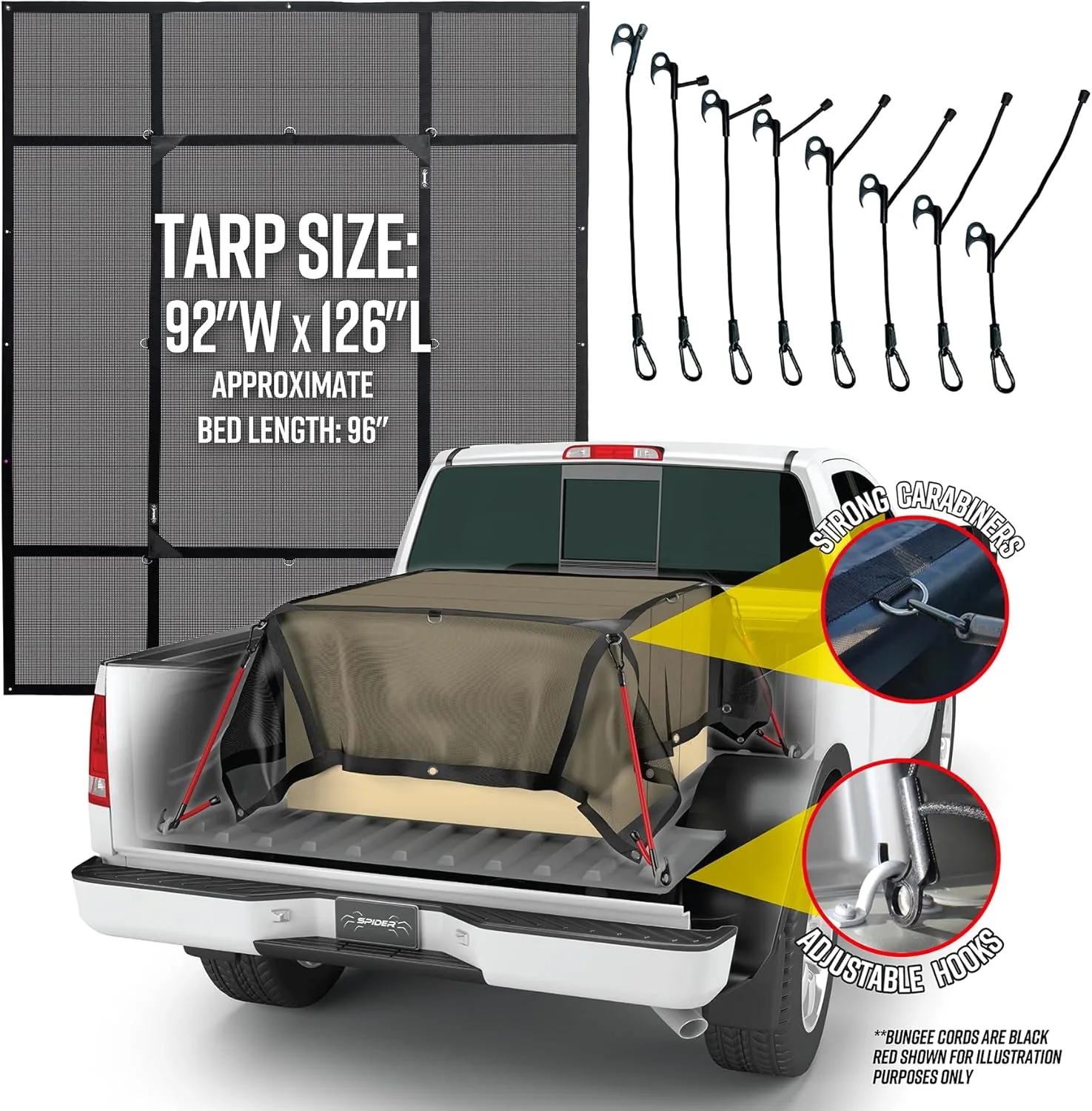 SPIDER Pickup Truck Bed Tarp (7’8” W x 10’6” L) - Heavy Duty Black Mesh Cargo Net Cover - Detachable Quick Adjust Tie Downs - Fits Long Bed (8') and Trailers